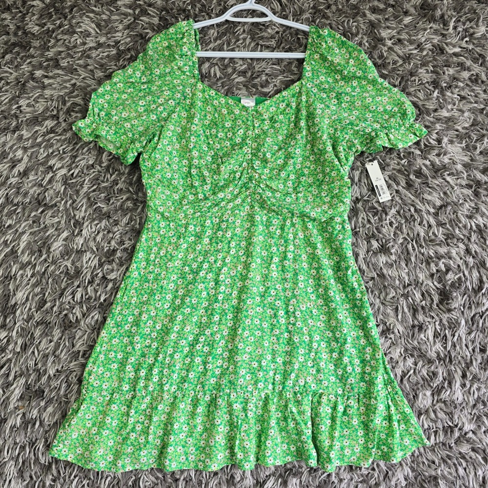 No Boundaries Green Floral Puff Sleeve Mini Dress XL 15-17 Square Neck NWT